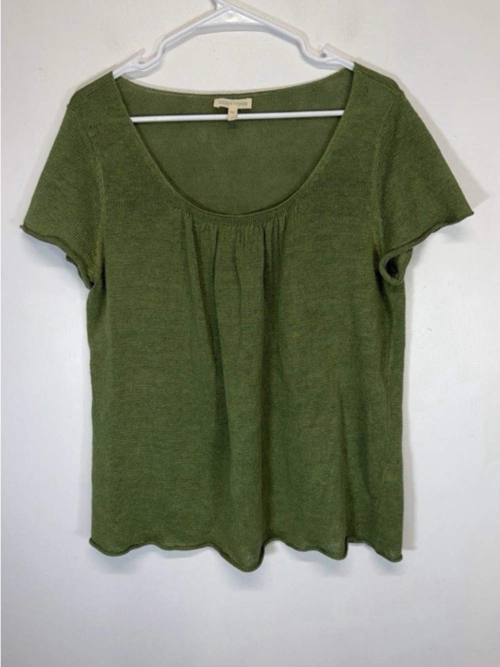 Eileen Fisher Olive Green Scoop Neck Short Sleeve knit top